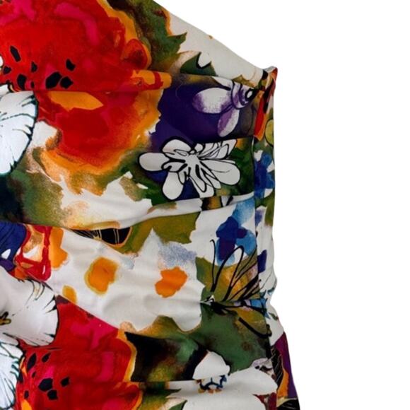 Suzi Chin Orange Green White Floral Ruched Strapless Bodycon Mini Dress Size 8 - Picture 9 of 10